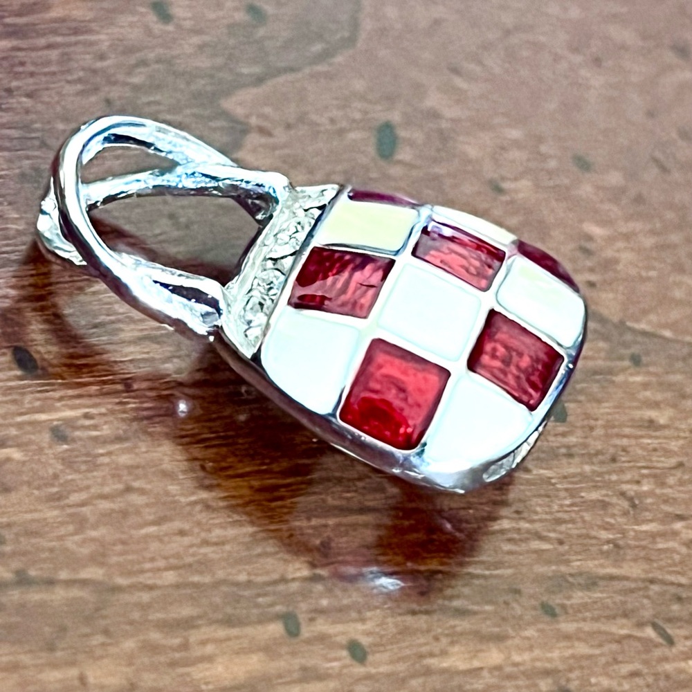 925 Sterling Silver Red and White Checkered Charm/Pendant - Picture 2 of 7
